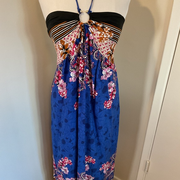 NWT La La Muse Blue Black Floral Strapless Halter Maxi Dress Size XL Boho Chic - Picture 3 of 7